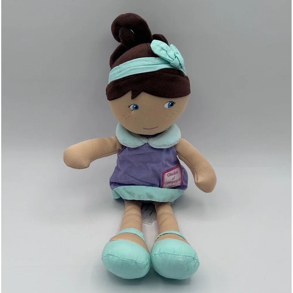 Doudou et Compagnie Paris Doll Brunette Girl‎ Purple Dress Plush Stuffed 13